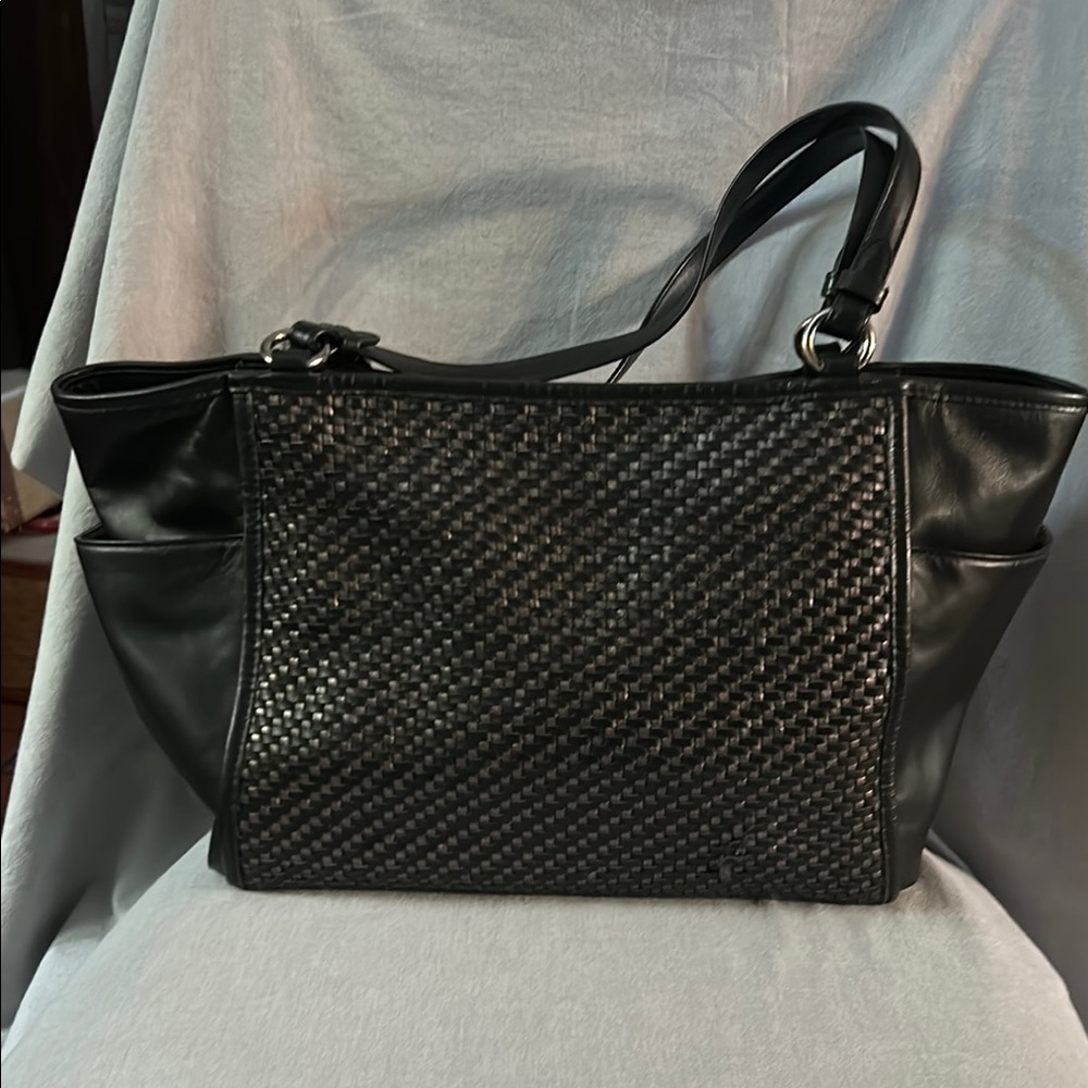 Coach Park Large Woven Black & Silver Leather Zip Top Tote Shoulder Bag - Picture 1 of 11